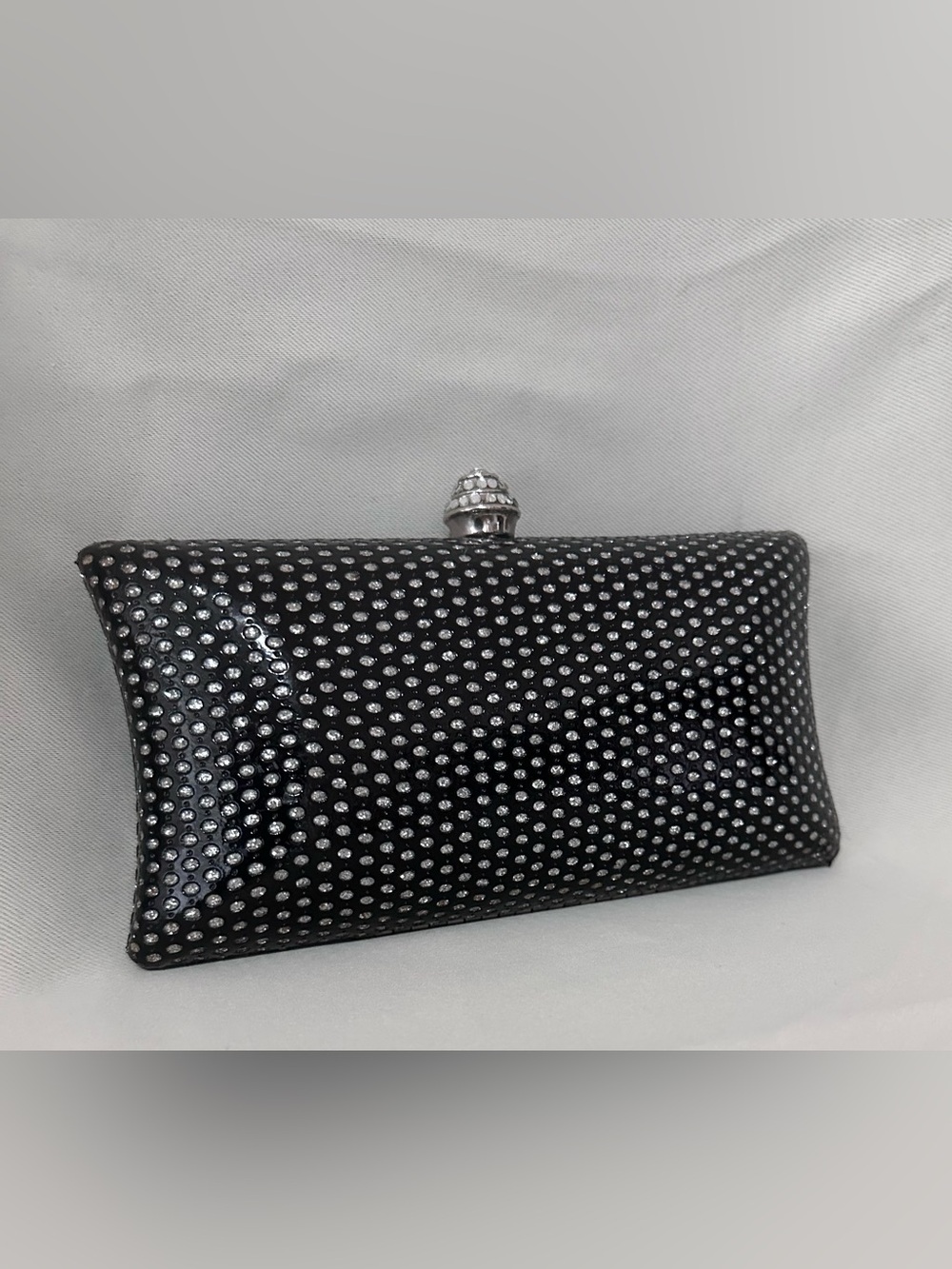Macy's Black Rhinestone Embellished Evening Clutch with Silver Accents